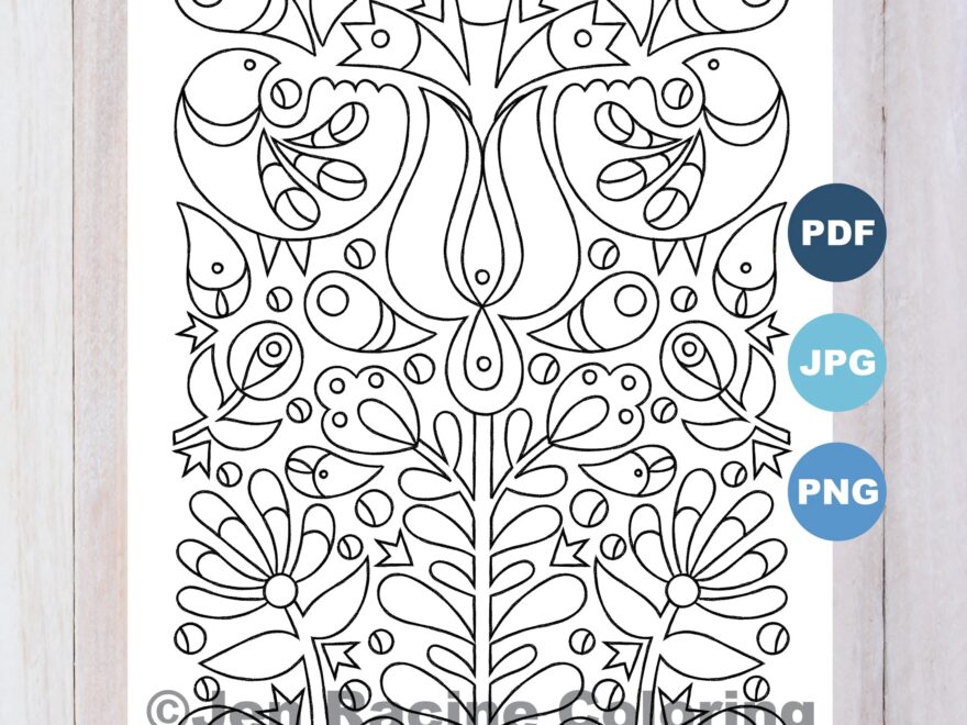 Flower And Birds Scandinavian Inspired Coloring Page Etsy