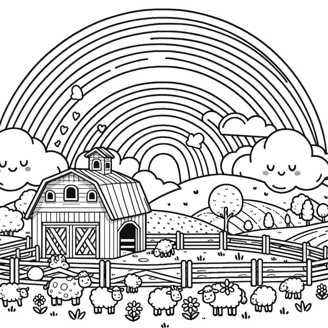 Free Drawing Coloring Farm With A Rainbow And Clouds Free Drawing Coloring Farm With A Rainbow And Clouds