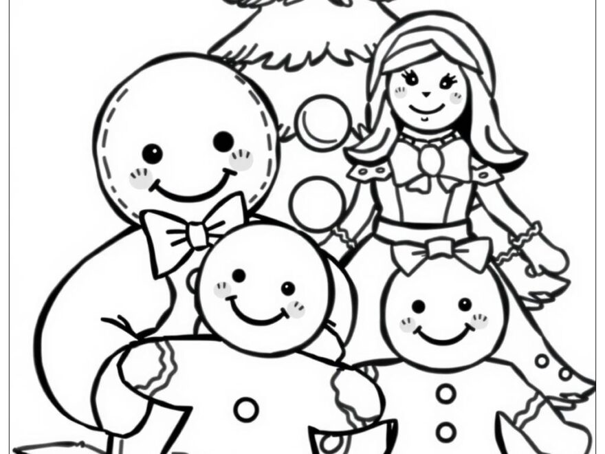 Gingerbread Family Christmas Picture Coloring Page Free PDF PNG Printable