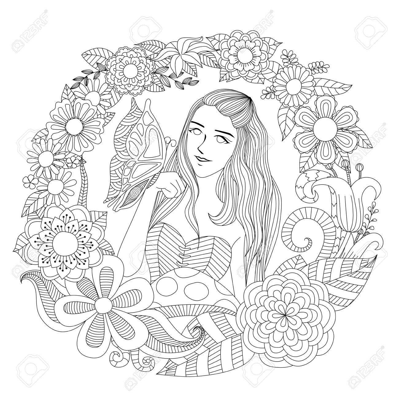Girl In The Flower Garden Coloring Page Royalty Free SVG Cliparts Vectors And Stock Illustration Image 46551886 