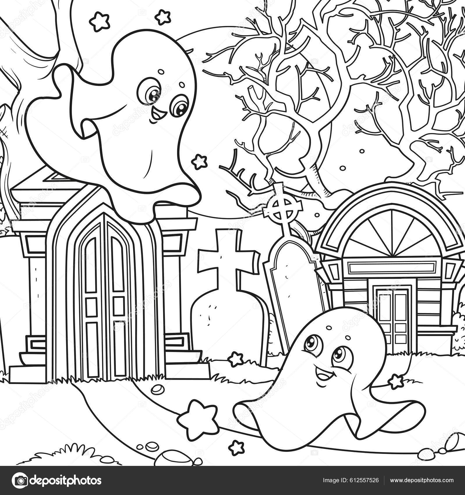 Halloween Background Cemetery Crypts Ghosts Moon Night Outlined Coloring Page Stock Vector By yadviga 612557526