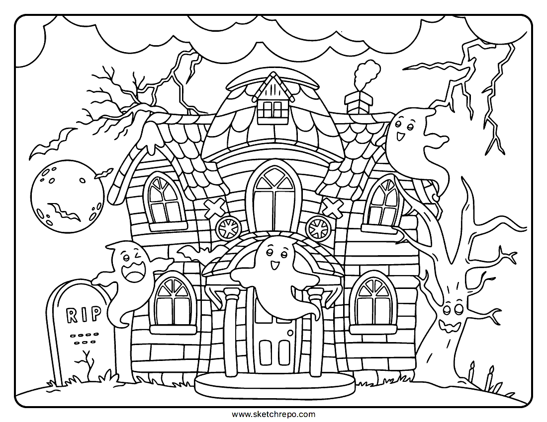 Halloween Haunted House Coloring Page Sketch Repo