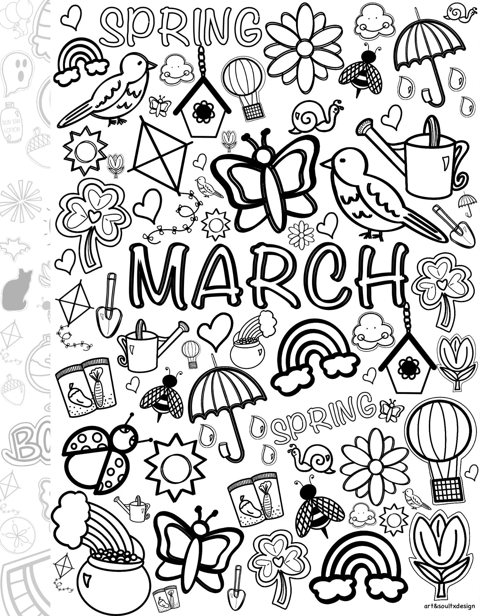 Hand drawn Spring Coloring Pages March April May Seasonal Easter St Patrick s Day Etsy