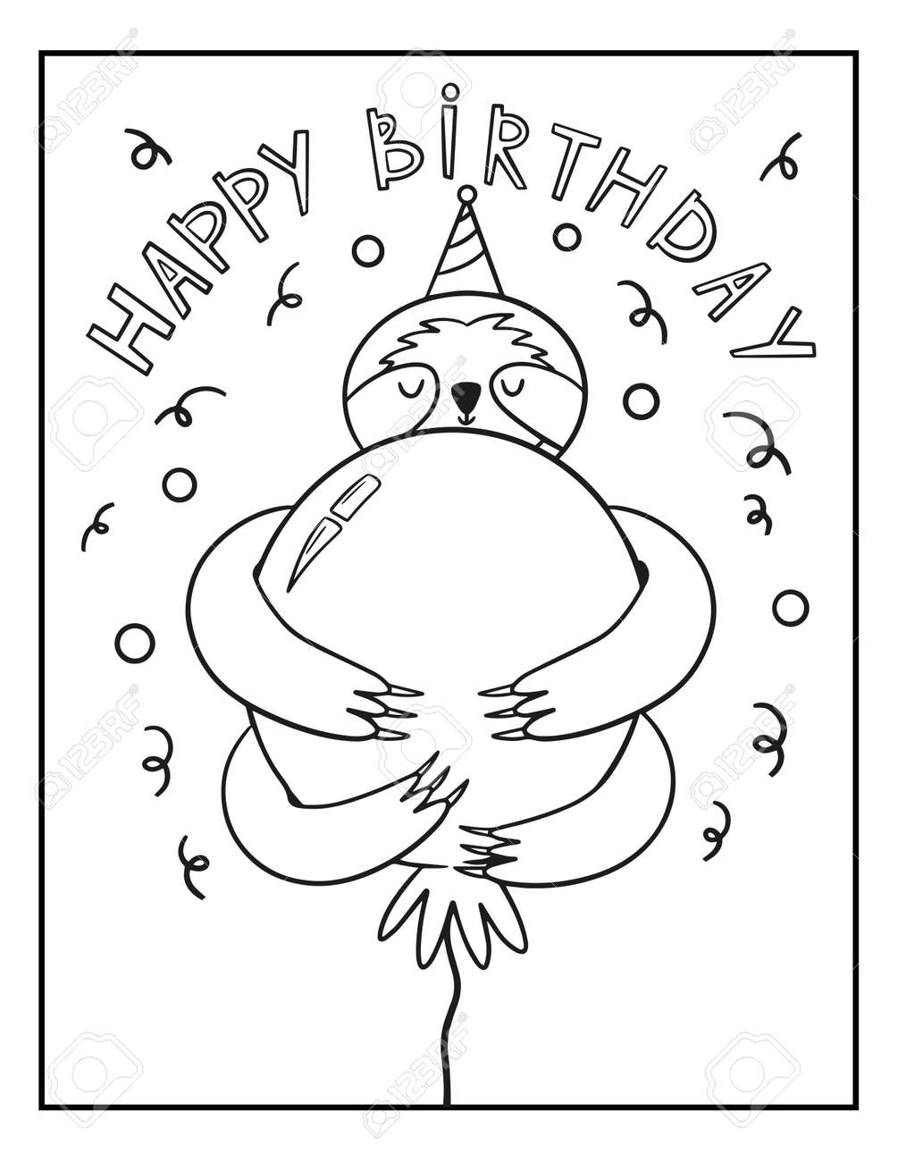 Happy Birthday Coloring Page Funny Birthday Card With Sleeping Sloth Stock Photo Picture And Royalty Free Image Image 180218826 