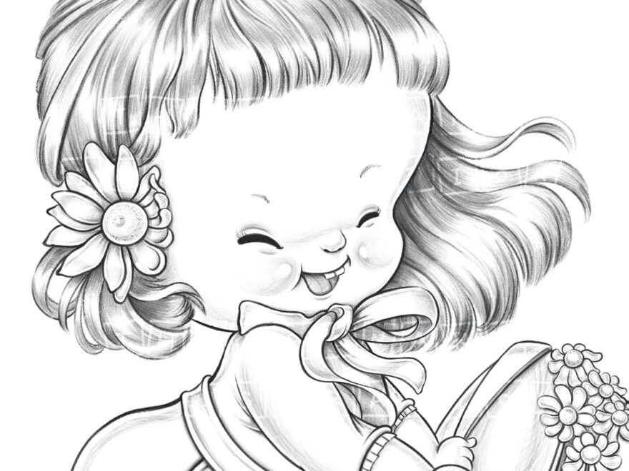 Happy Day Cute Girl Coloring Page For Adults And Kids Grayscale Coloring Sheet Digital Stamp Printable Graphic Design Download Etsy