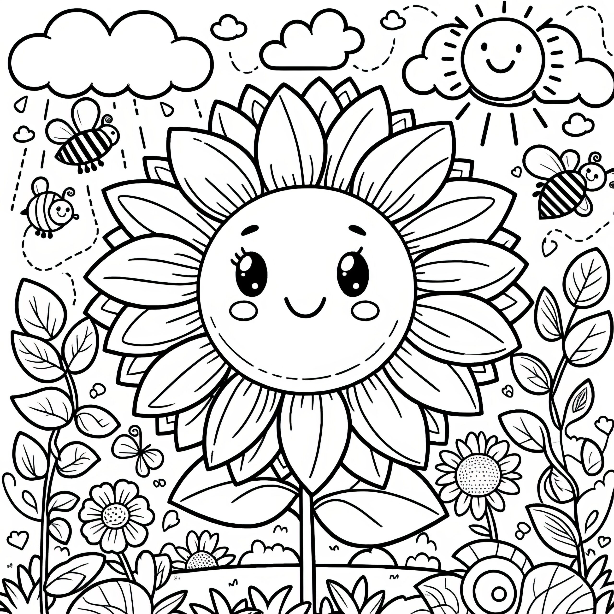 Happy Sunflower In A Flower Meadow Picture To Color Free 
