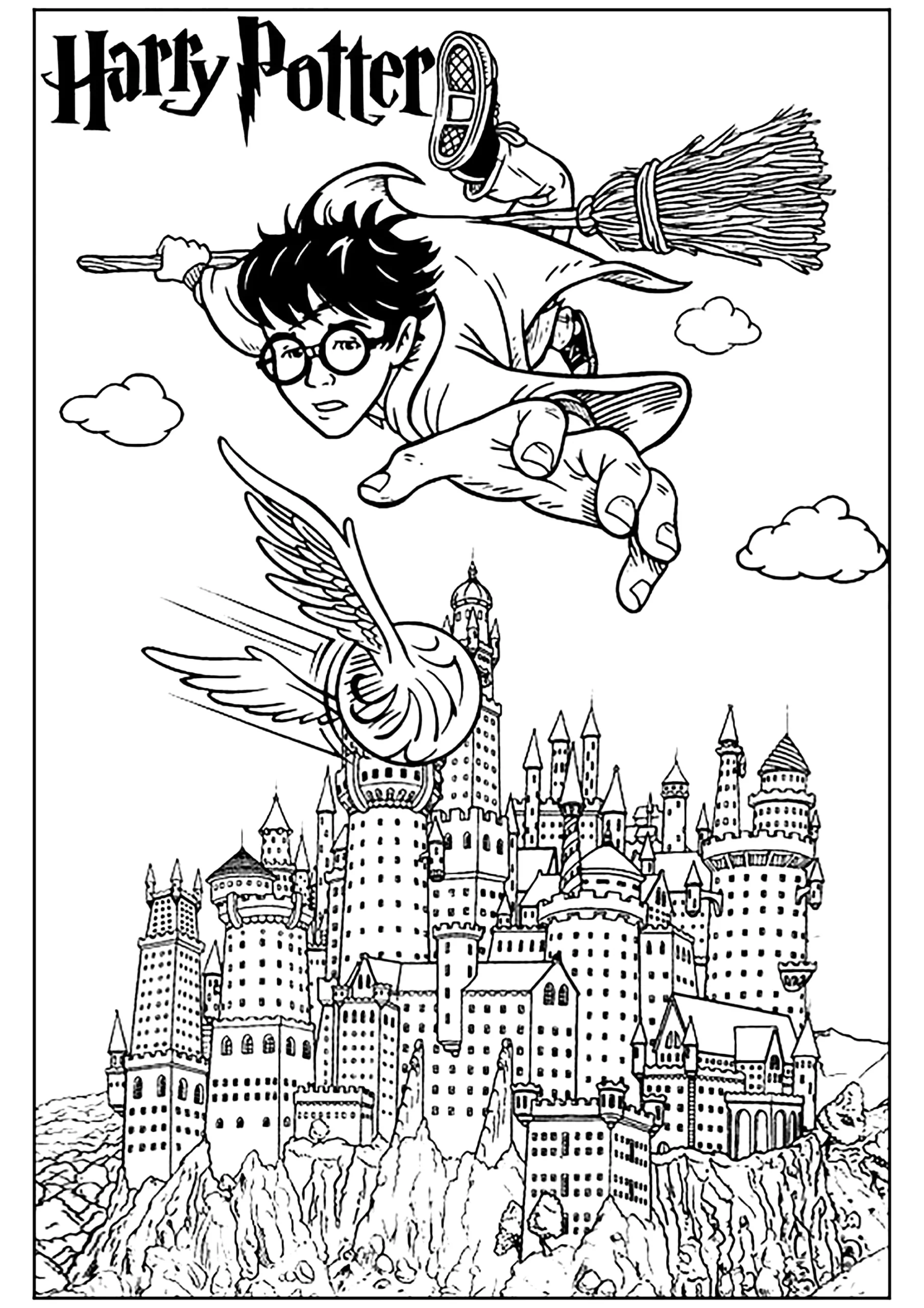 Harry Flies Over Hogwarts Trying To Catch The Golden Vid Harry Potter Coloring Pages