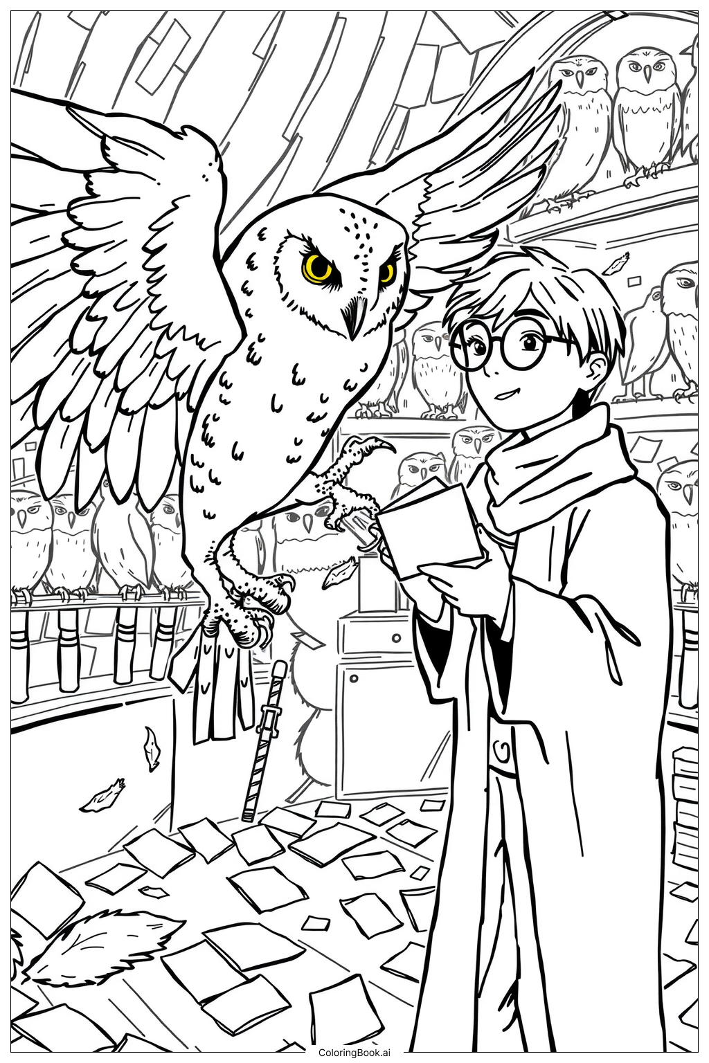 Harry Potter Owl Hedwig 2 Coloring Page Free PDF PNG Printable 