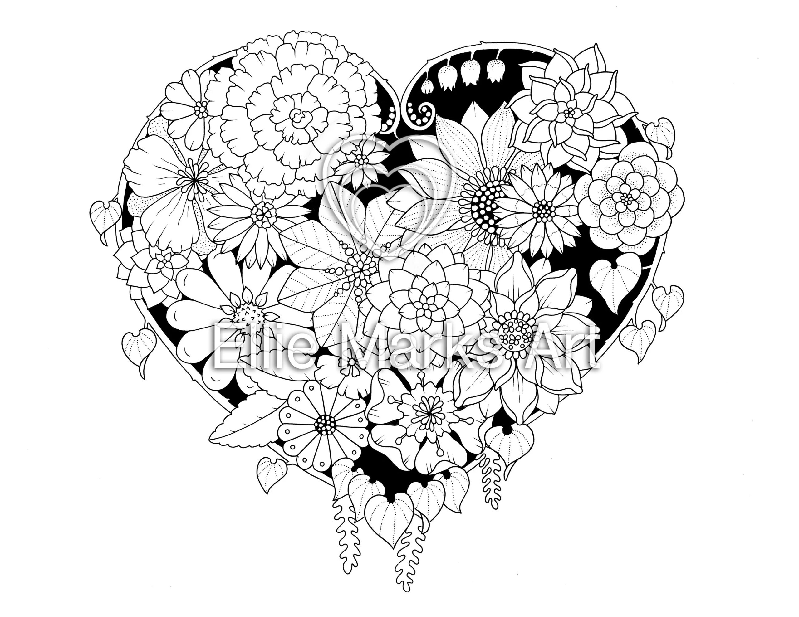 Heart Of Flowers Coloring Page Etsy Heart Of Flowers Coloring Page Etsy