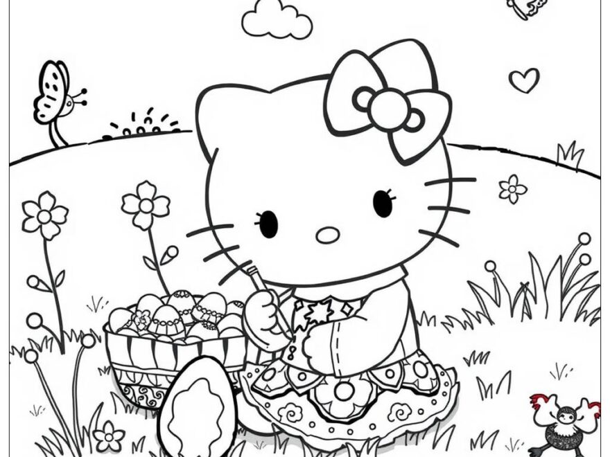 Hello Kitty Celebrating Easter With Eggs 2 Coloring Page Free PDF PNG Printable