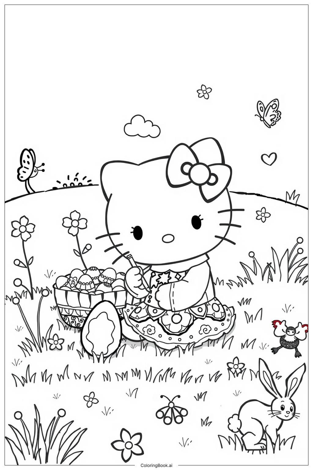 Hello Kitty Celebrating Easter With Eggs 2 Coloring Page Free PDF PNG Printable 