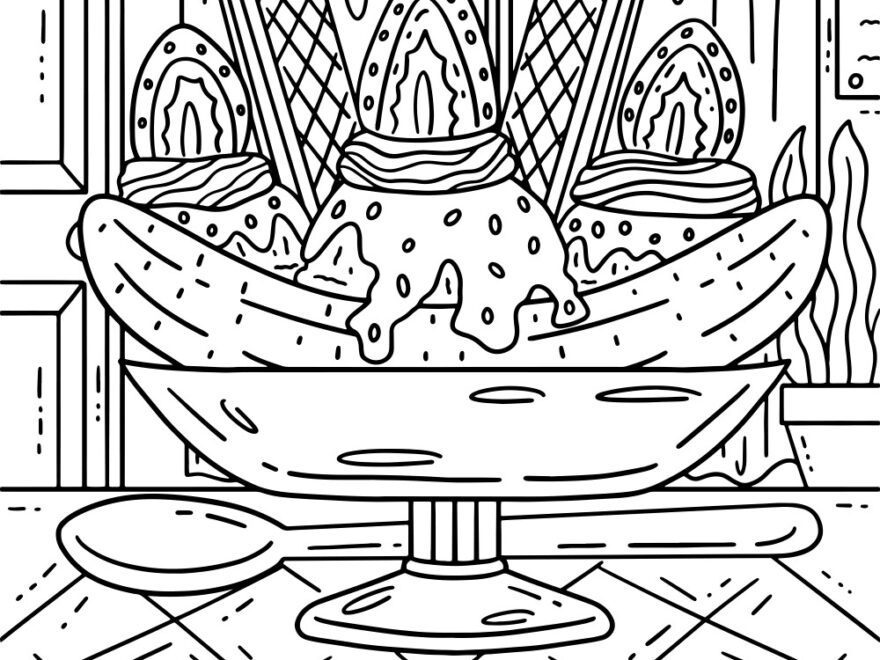 Ice Cream Banana Split Sundae Spoon Coloring Page Vector Image