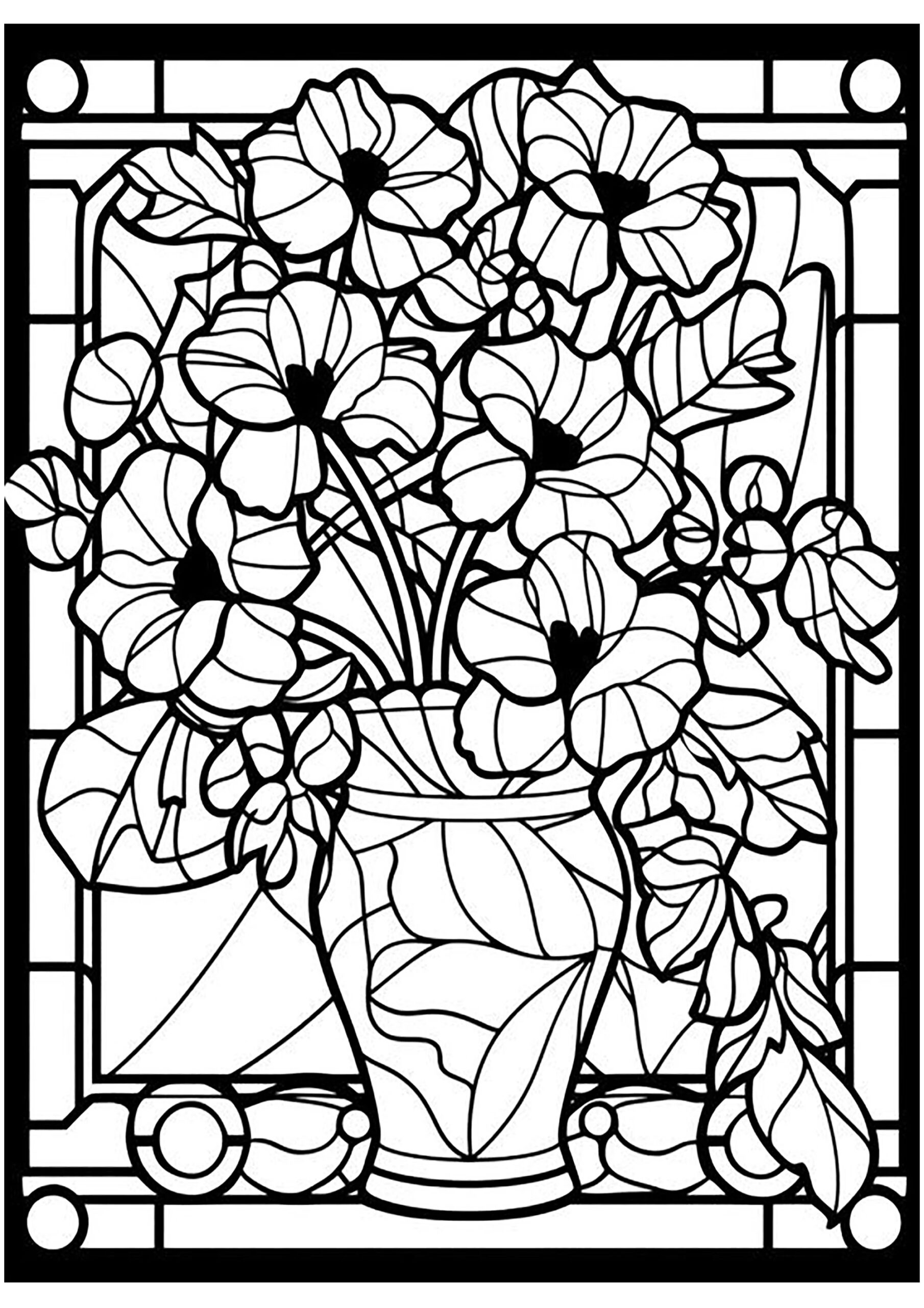 Imaginary Stained Glass Window With A Beautiful Vase Filled With Flowers And Abstract Motifs Stained Glass Coloring Pages Page Https www justcolor 