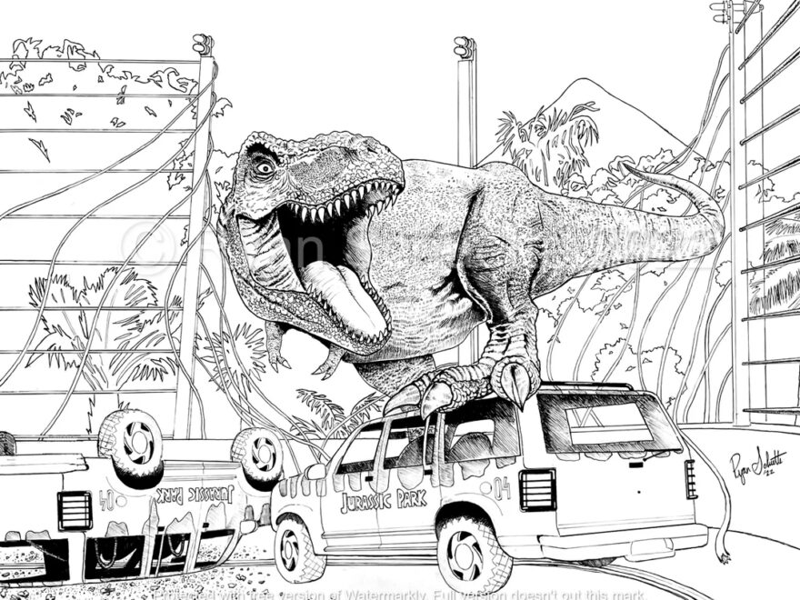 Jurassic Park T rex Ryan Schuette Jurassic World Coloring Printable Adult Coloring Page Instant Download Grayscale Illustration Etsy