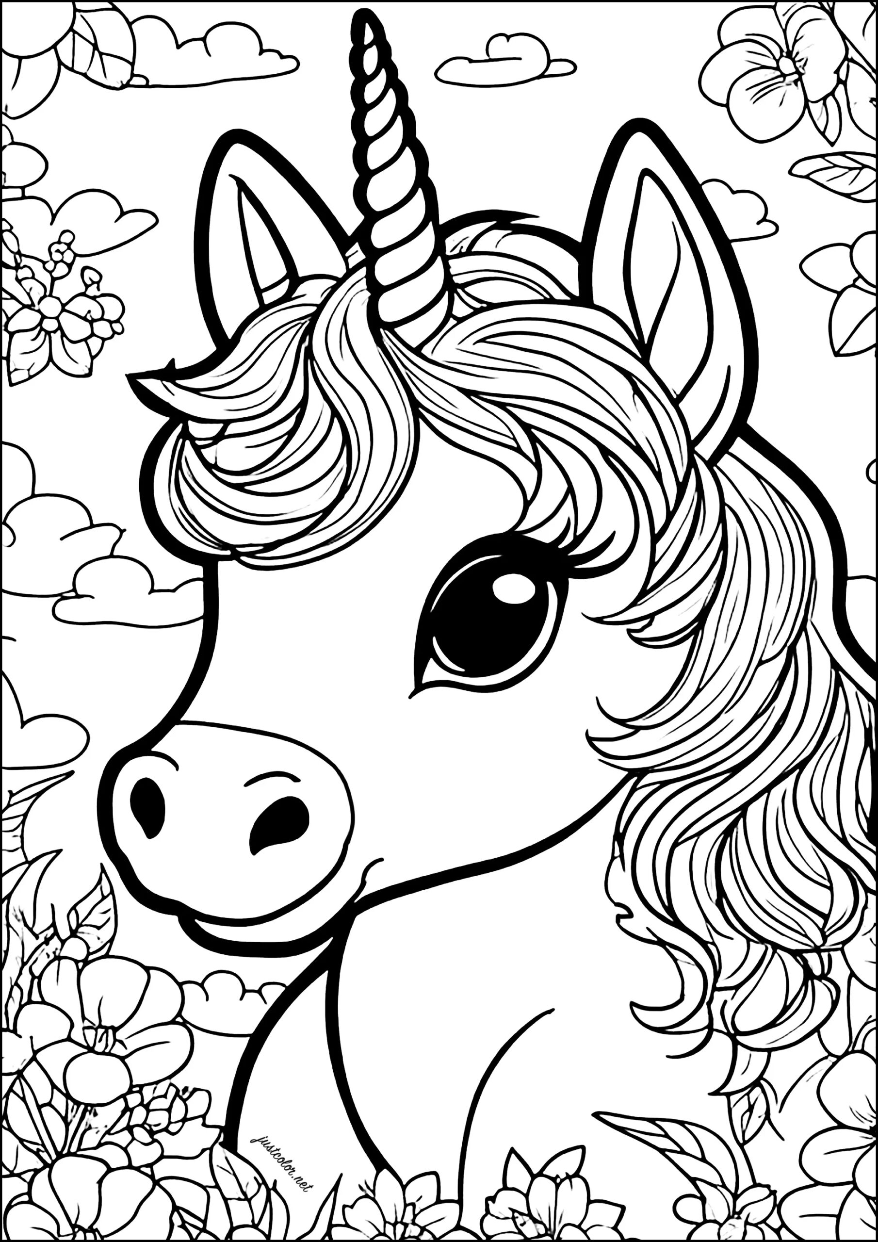 Kawaii style Unicorn Head Unicorn Coloring Pages For Adults
