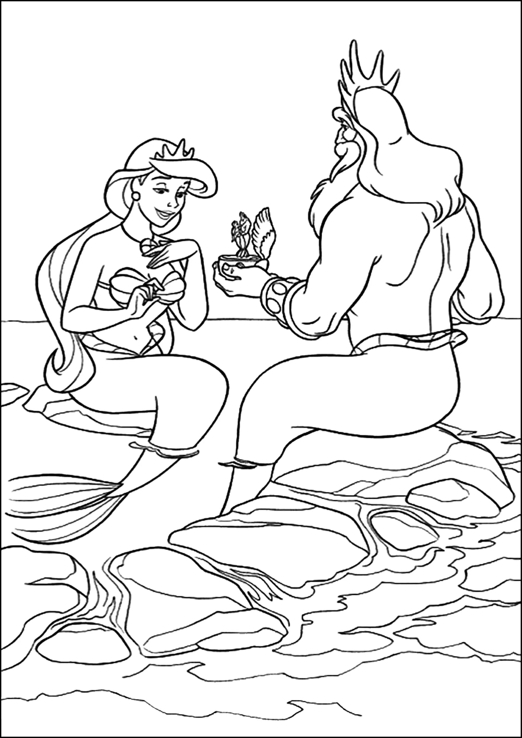 King Triton Offers A Gift To His Daughter The Little Mermaid Coloring Pages For Kids