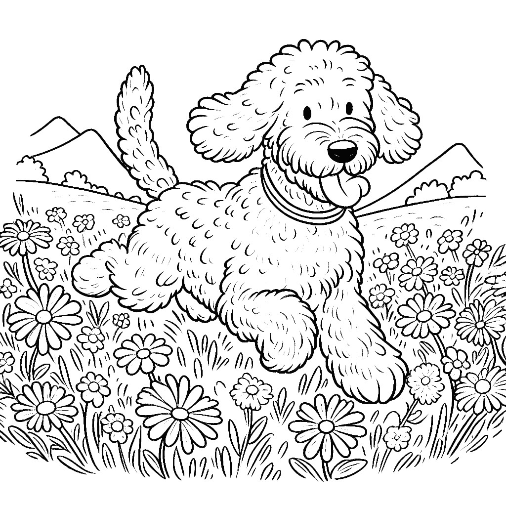 Labradoodle Dog Running In Field With Flowers Coloring Page