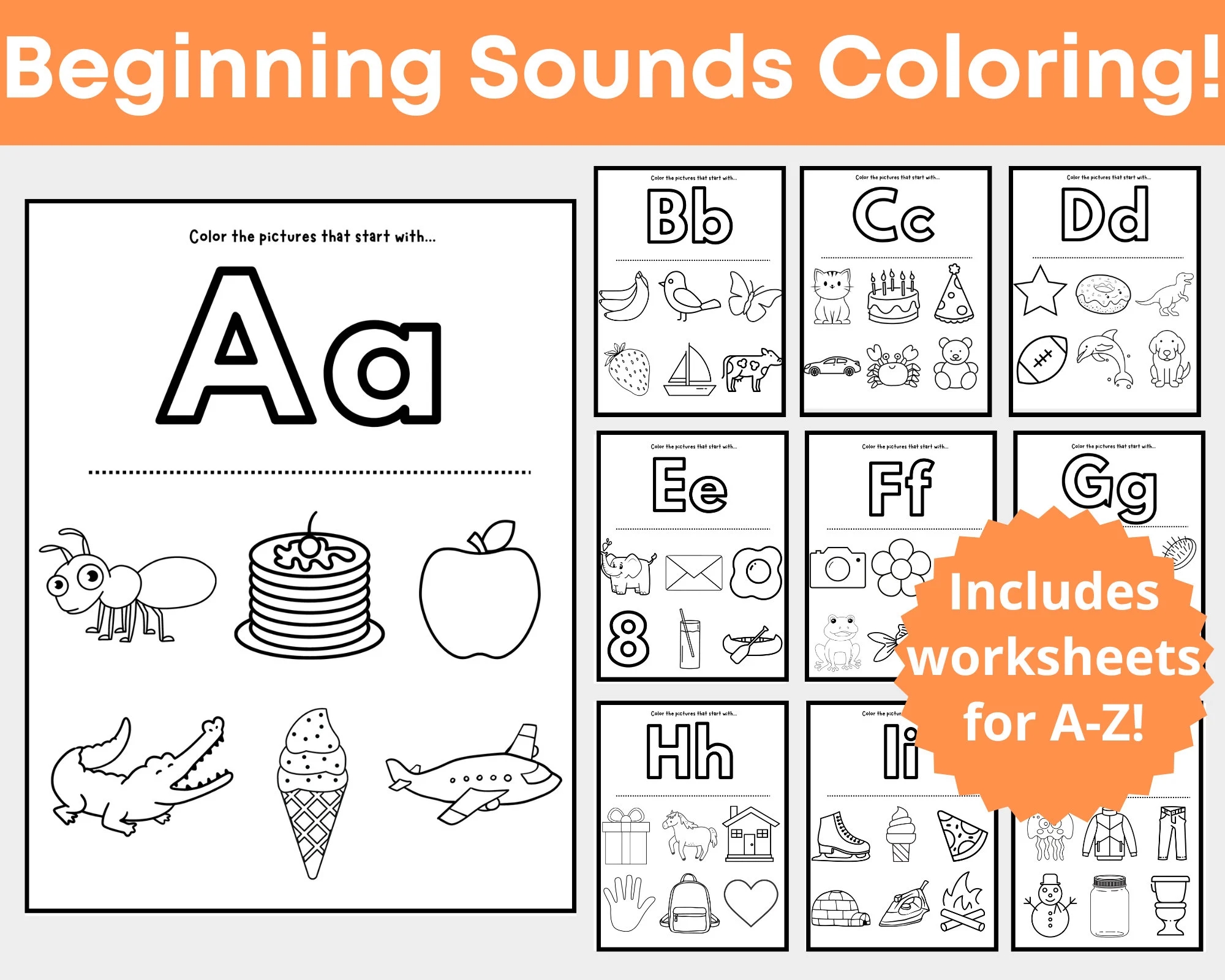 Letter Coloring Pages Alphabet Coloring Pages Beginning Sound Worksheet Initial Sound Phonics Worksheet Learning Letters Printable Etsy