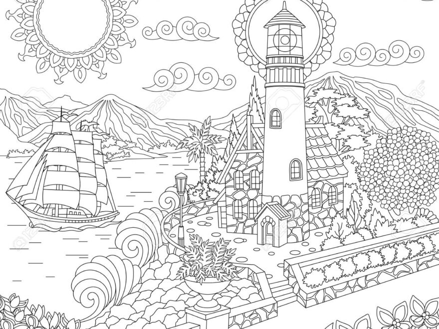 Lighthouse On Sea Shore And Sailing Ship Coloring Page Colouring Picture Adult Coloring Book Idea Freehand Sketch Drawing Vector Illustration Royalty Free SVG Cliparts Vectors And Stock Illustration Image 103049946