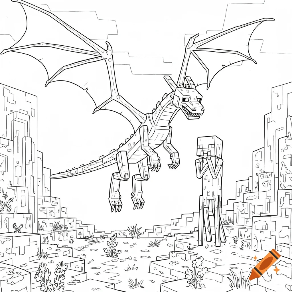Line Art Coloring Page Of A Minecraft Ender Dragon Flying Towards An Enderman On Craiyon