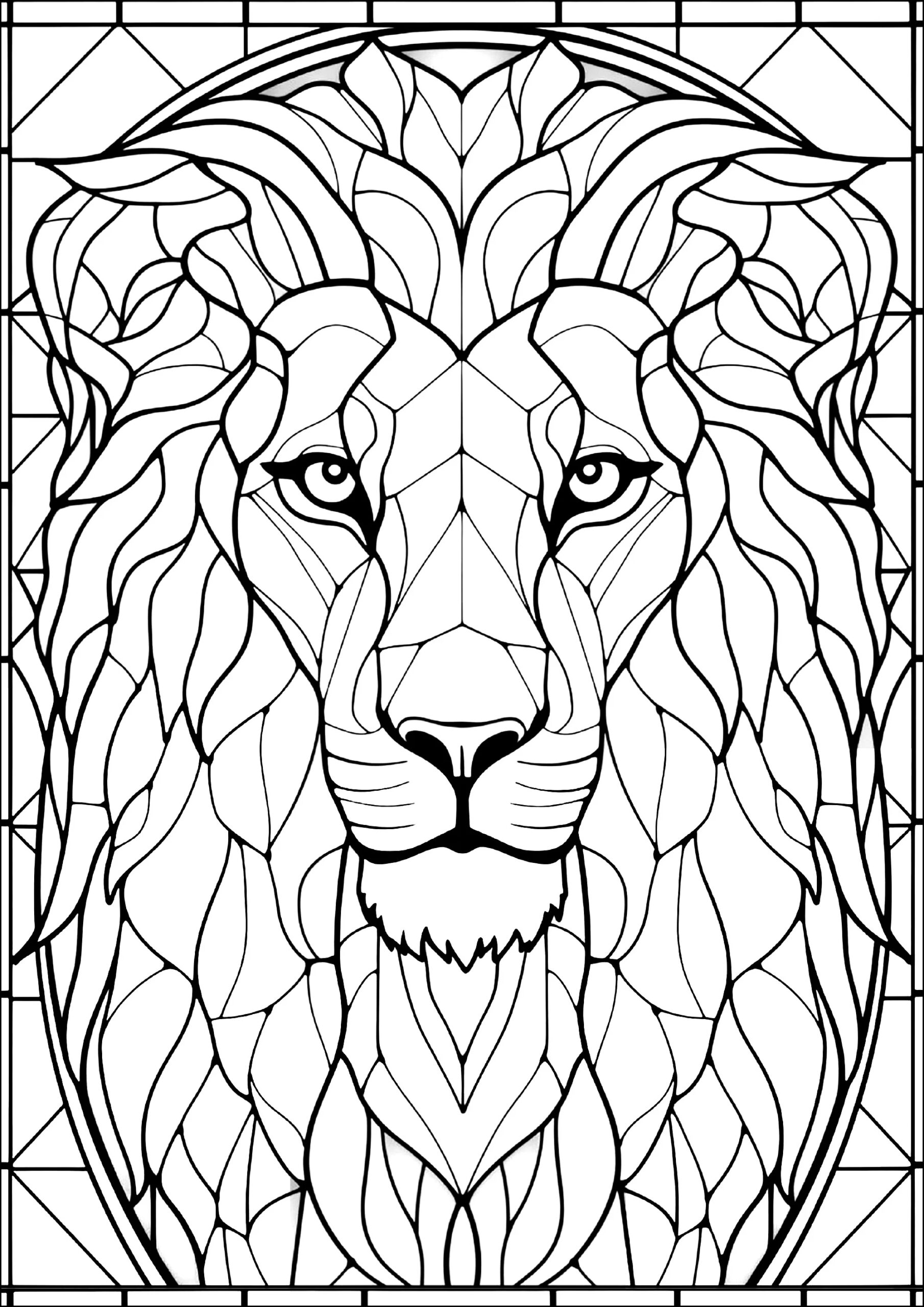 Lion Drawn Like A Stained glass Window Lion Coloring Pages For Adults Page Royal kings and queens 