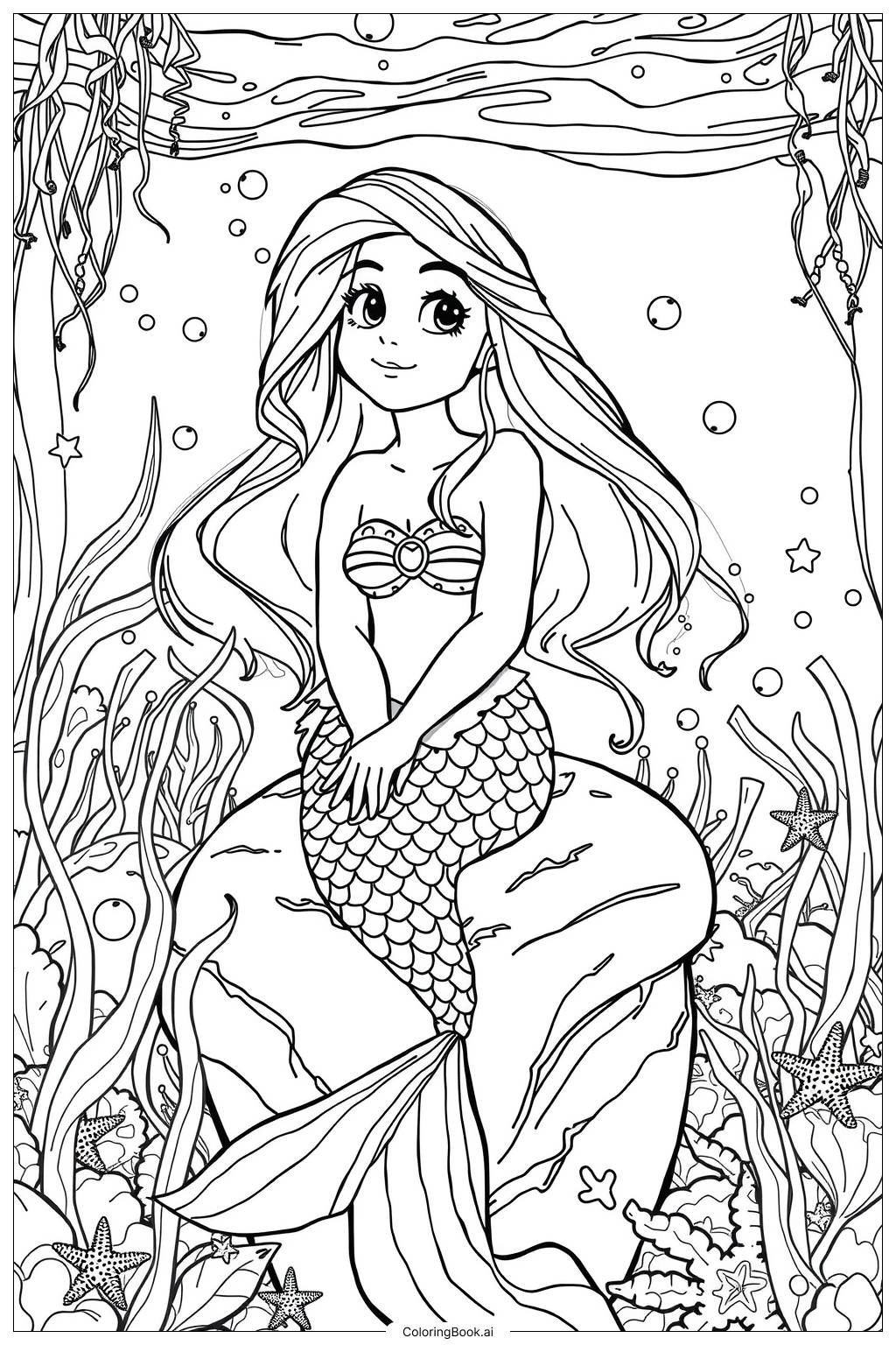 Little Mermaid Melody Coloring Page Free PDF PNG Printable 