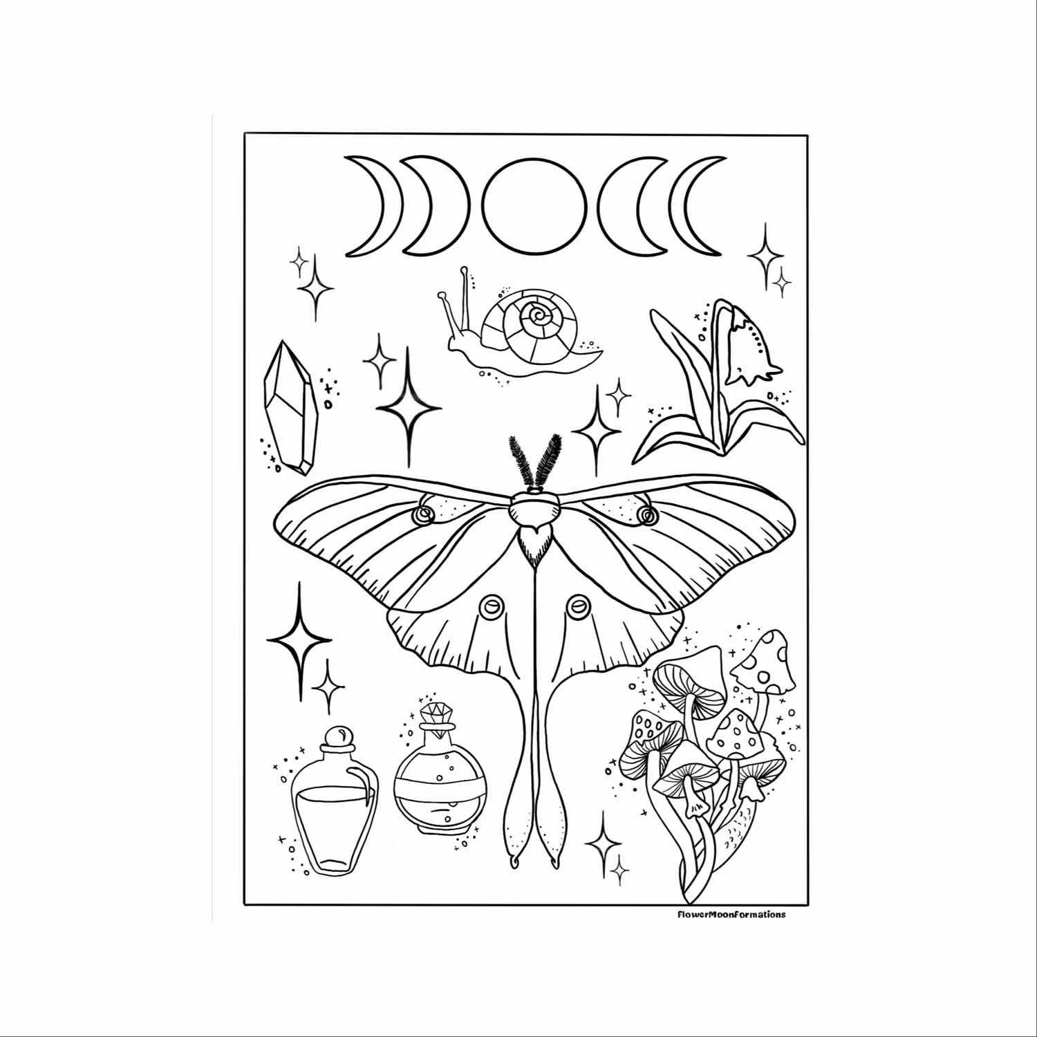 Luna Moth Whimsical Coloring Page Adult Coloring Page Doodle Coloring Page Stress Relief Etsy