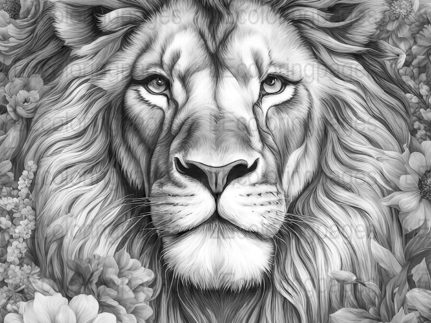 Majestic Lion Adult Coloring Page Printable Grayscale Animal Illustration Relaxing Floral Jungle Therapeutic Artwork Unique Download Etsy