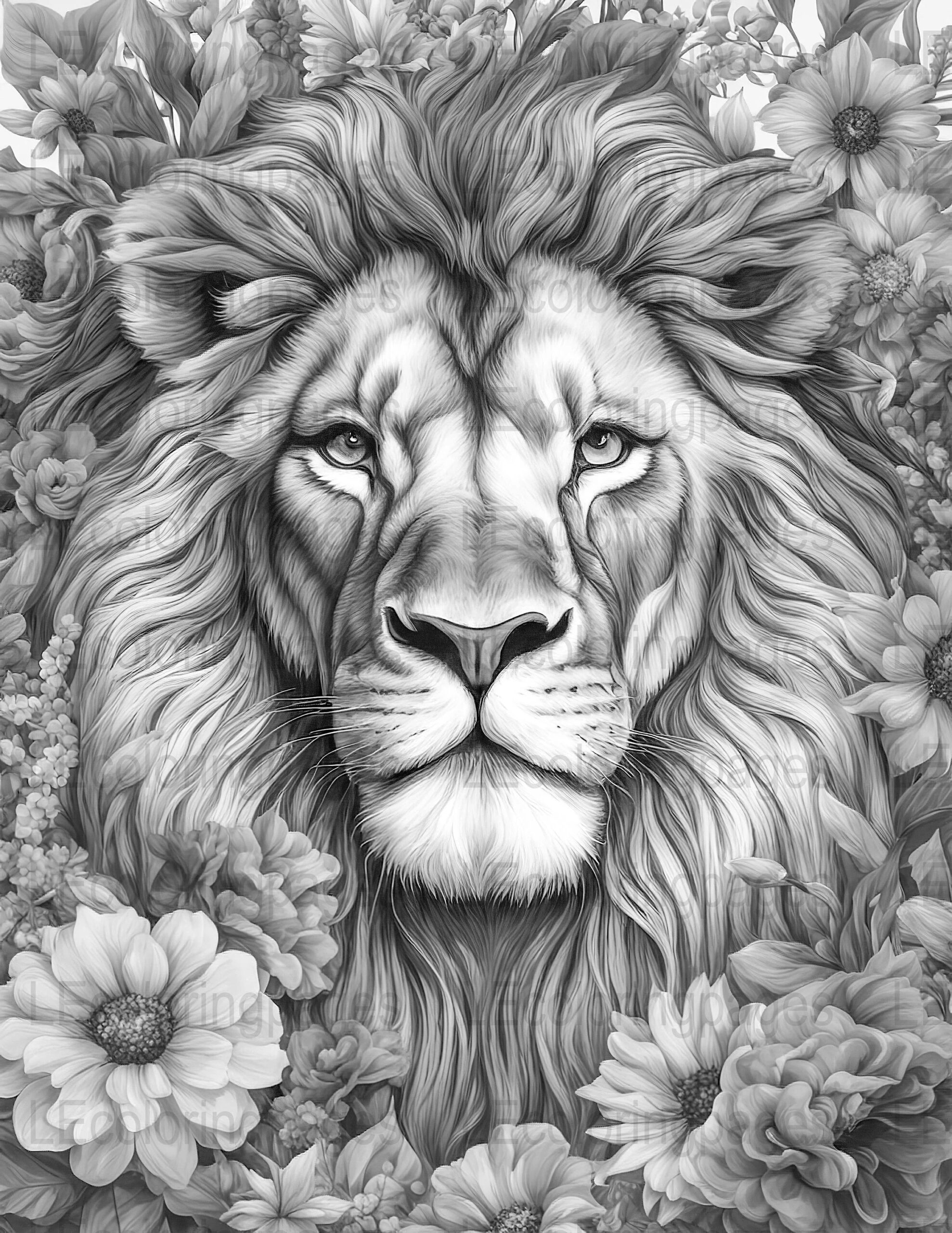 Majestic Lion Adult Coloring Page Printable Grayscale Animal Illustration Relaxing Floral Jungle Therapeutic Artwork Unique Download Etsy