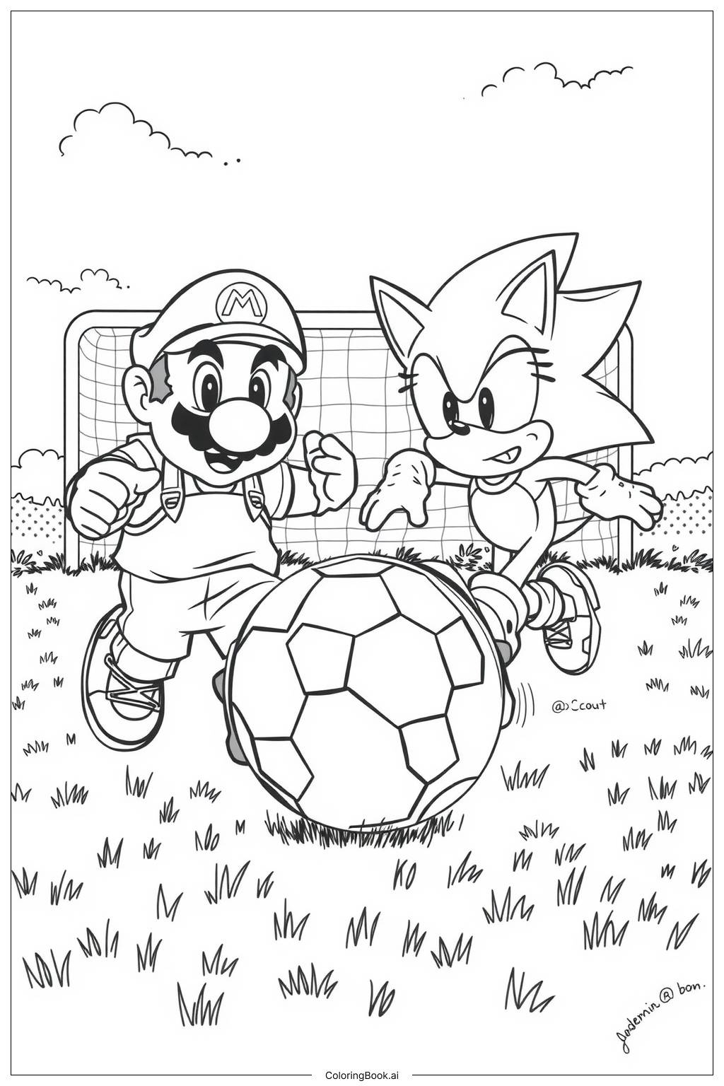 Mario And Sonic Competing In A Soccer Match Coloring Page Free PDF PNG Printable 
