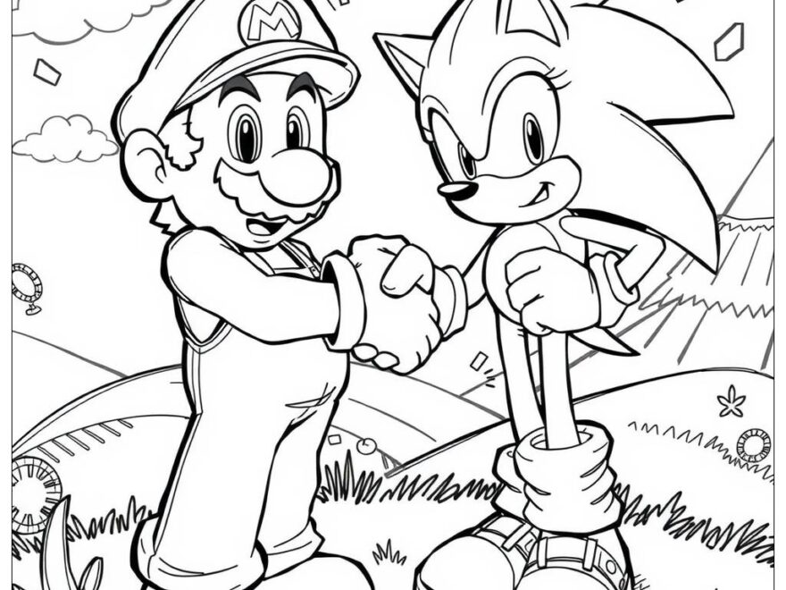 Mario And Sonic Shaking Hands 2 Coloring Page Free PDF PNG Printable