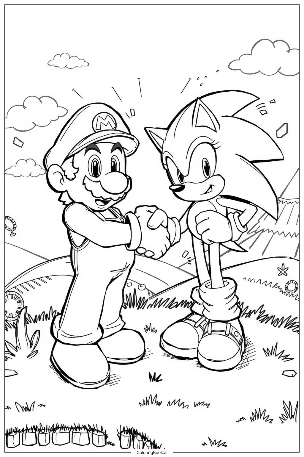 Mario And Sonic Shaking Hands 2 Coloring Page Free PDF PNG Printable 