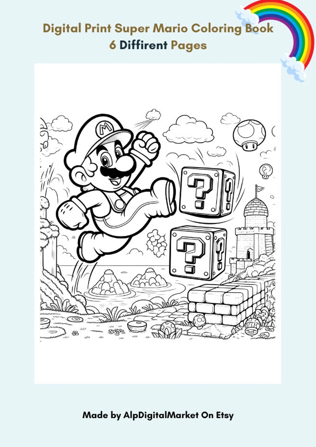 Mario Bros Coloring Pages 6 Pieces PDF PNG Format Printable Coloring Pages Mario Coloring Book Easy And Pretty Designs Etsy
