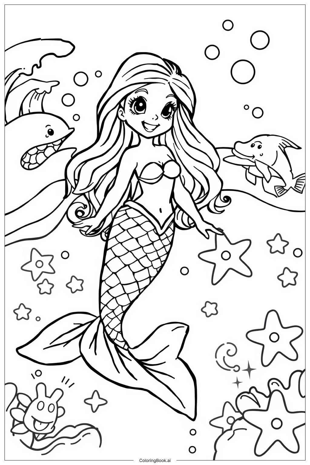 Mermaid Lisa Frank Art Coloring Page Free PDF PNG Printable 