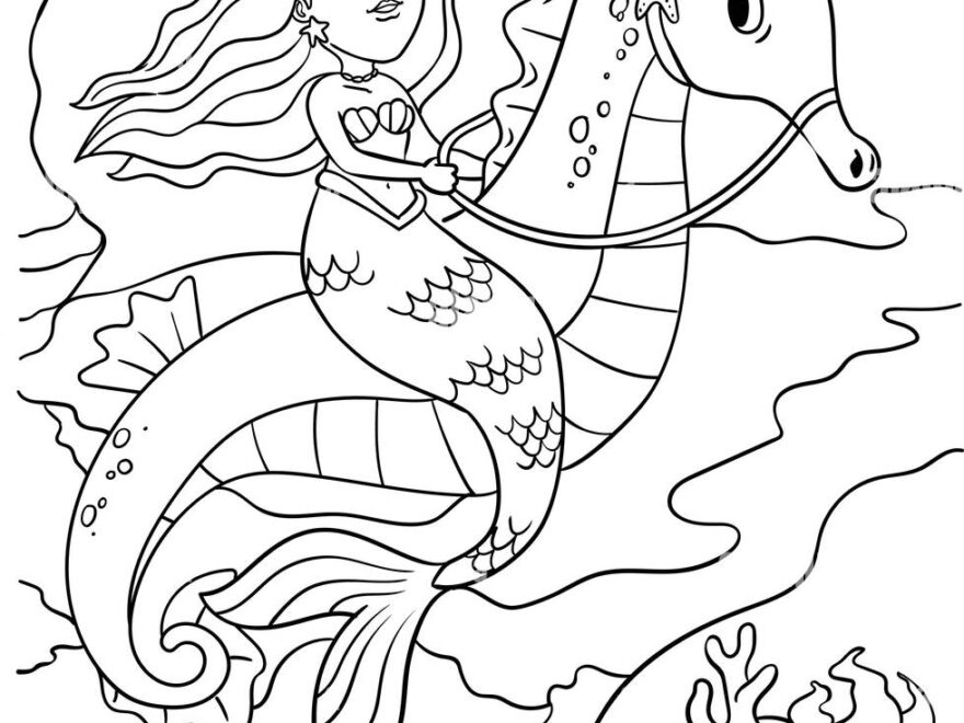 Mermaid Riding Sea Horse Coloring Page For Kids Stock Vector Image Art Alamy