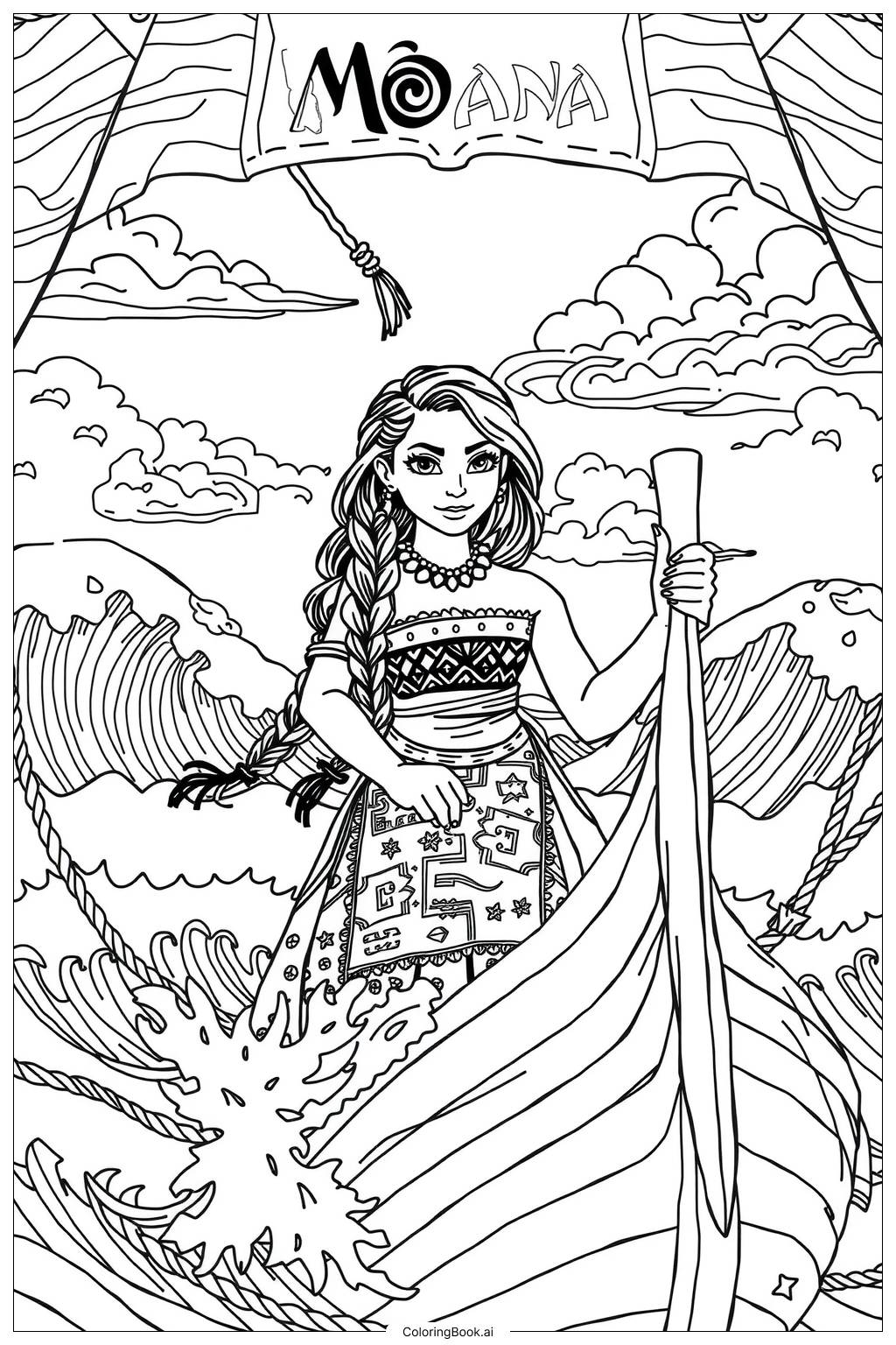 Moana Sailing On The Ocean Coloring Page Free PDF PNG Printable 