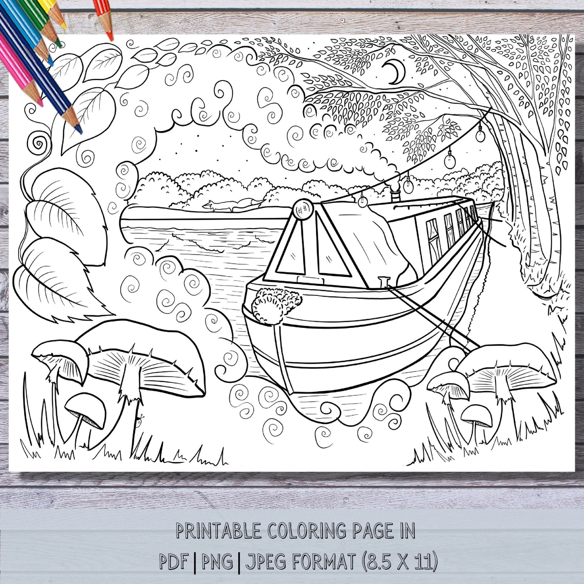 Narrowboat Coloring Page Printable Canal Boat Hand Illustrated Art Instant Download Print Color At Home Etsy