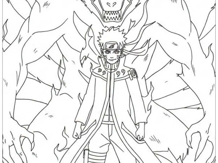 Naruto In Sage Mode With Kurama In The Background Coloring Page Free PDF PNG Printable