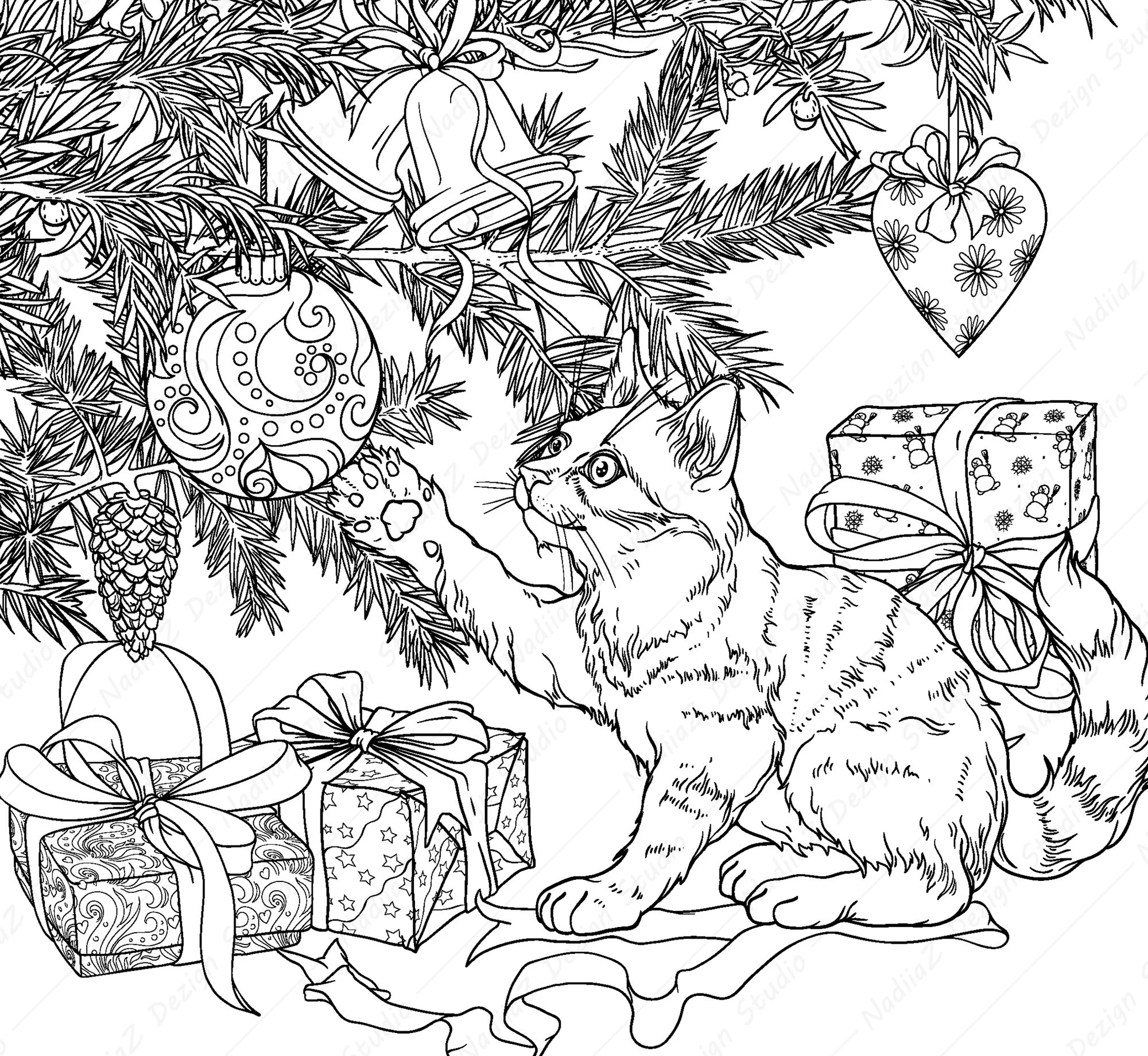 Christmas Cat Adult Coloring Pages