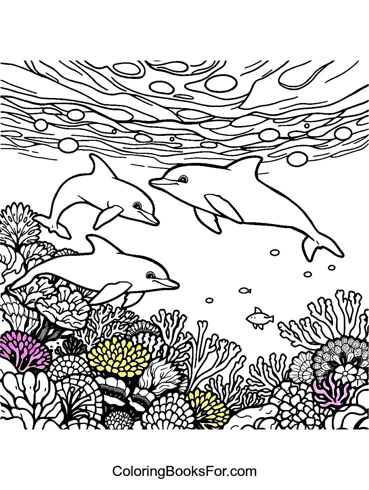 Ocean Scene With Dolphins And Coral Reef Coloring Page Ocean Scene With Dolphins And Coral Reef Coloring Page