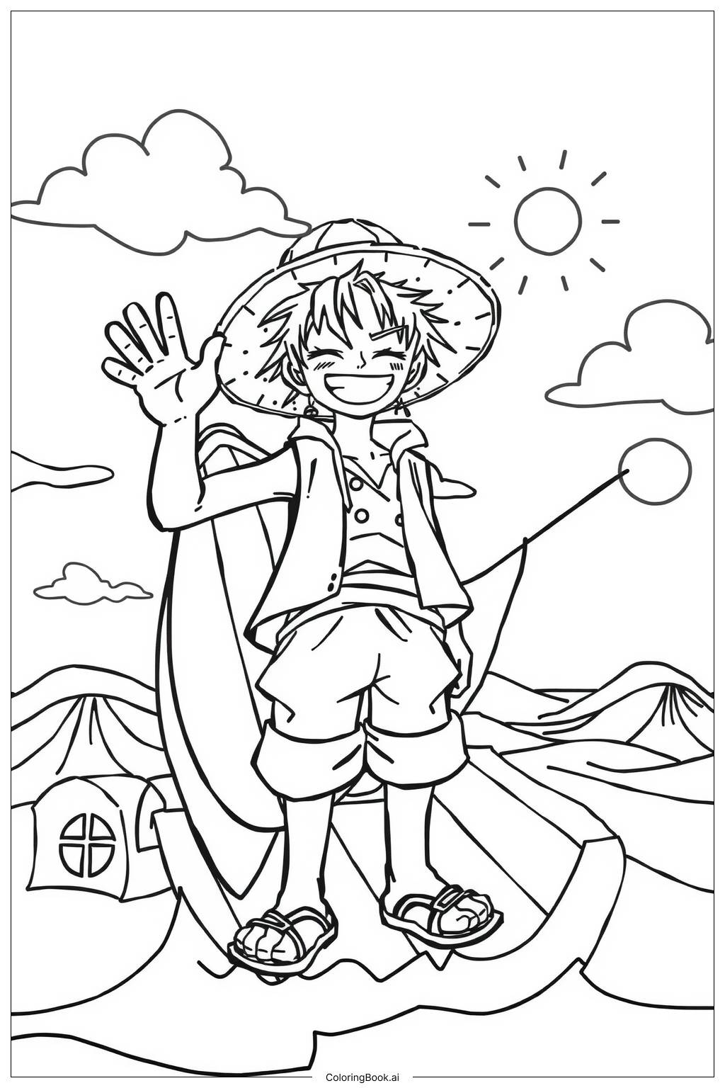 One Piece Luffy Setting Sail For Adventure Coloring Page Free PDF PNG Printable 
