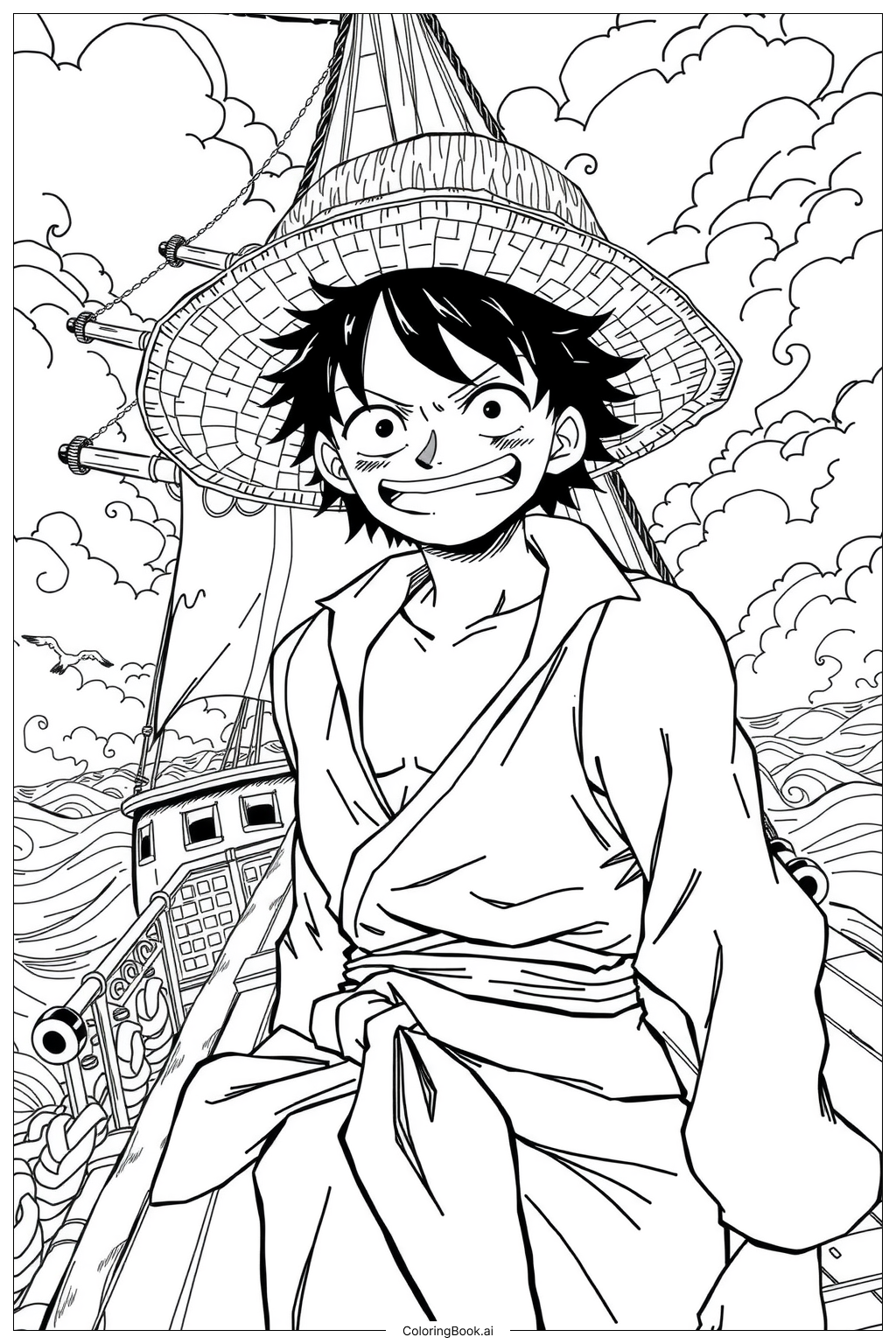 One Piece Luffy Setting Sail For Adventure Coloring Page Free PDF PNG Printable 