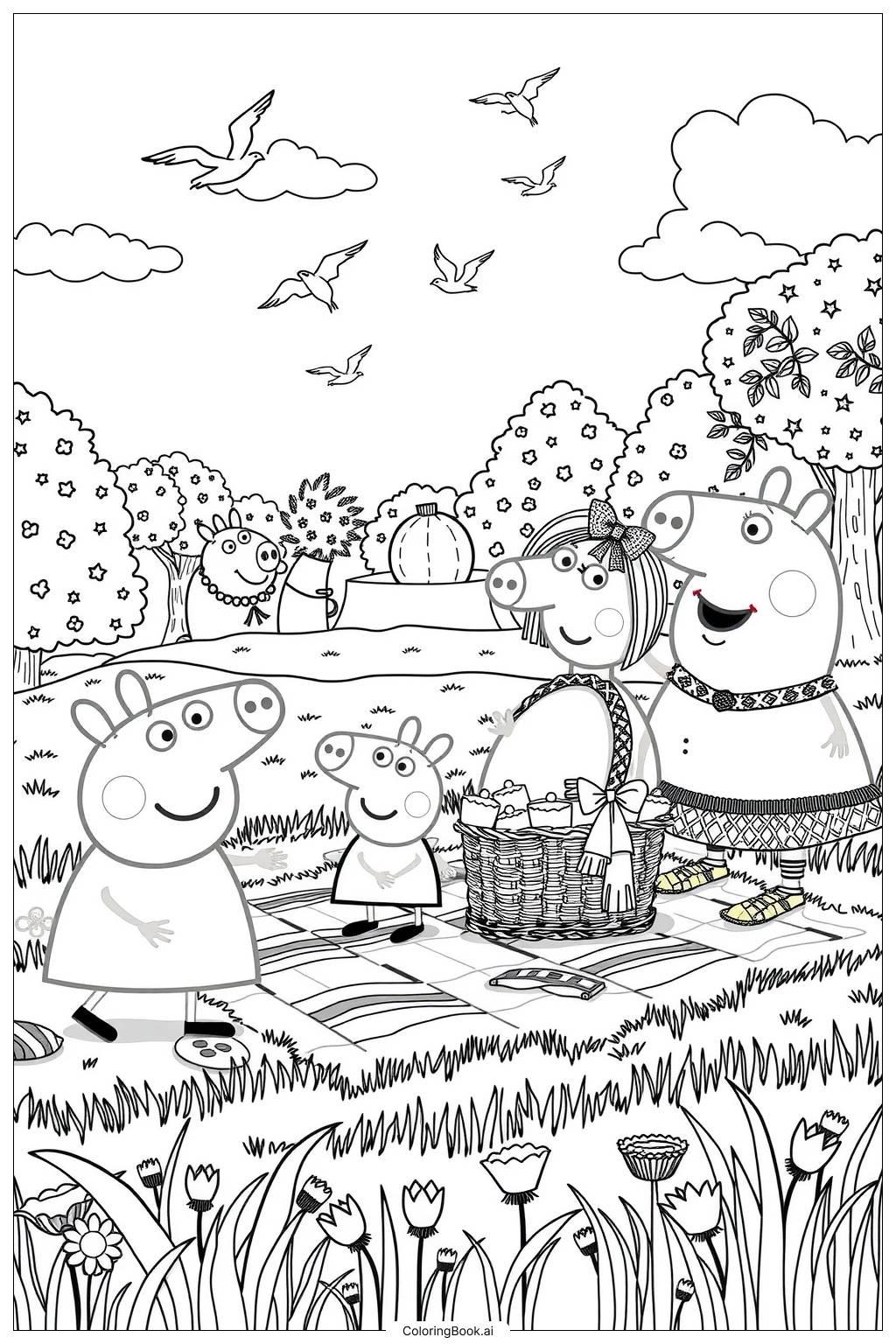 Peppa Pig Family Picnic In The Park Coloring Page Free PDF PNG Printable 