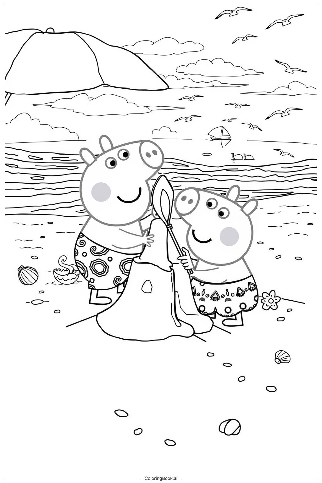 Peppa Pig Visiting The Beach With George Coloring Page Free PDF PNG Printable 