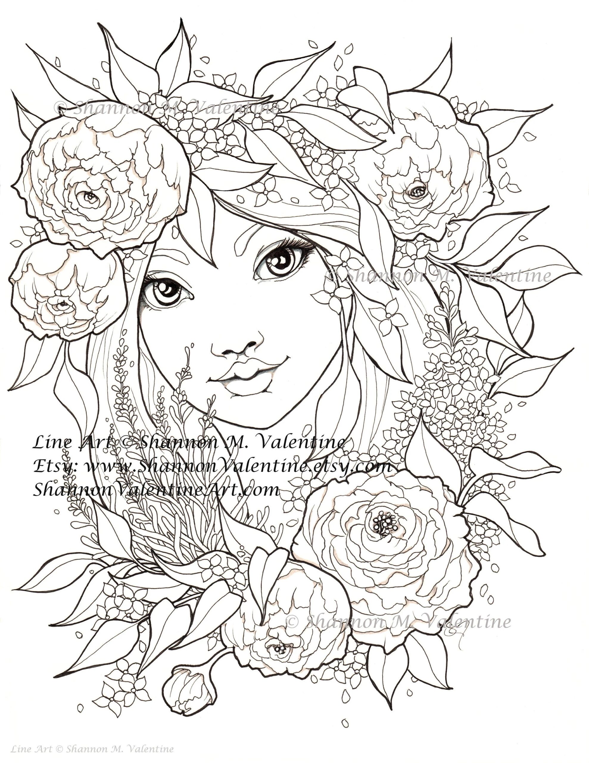 Printable Coloring Page Instant Digital Download Girl With Spring Flowers Girl Art Etsy