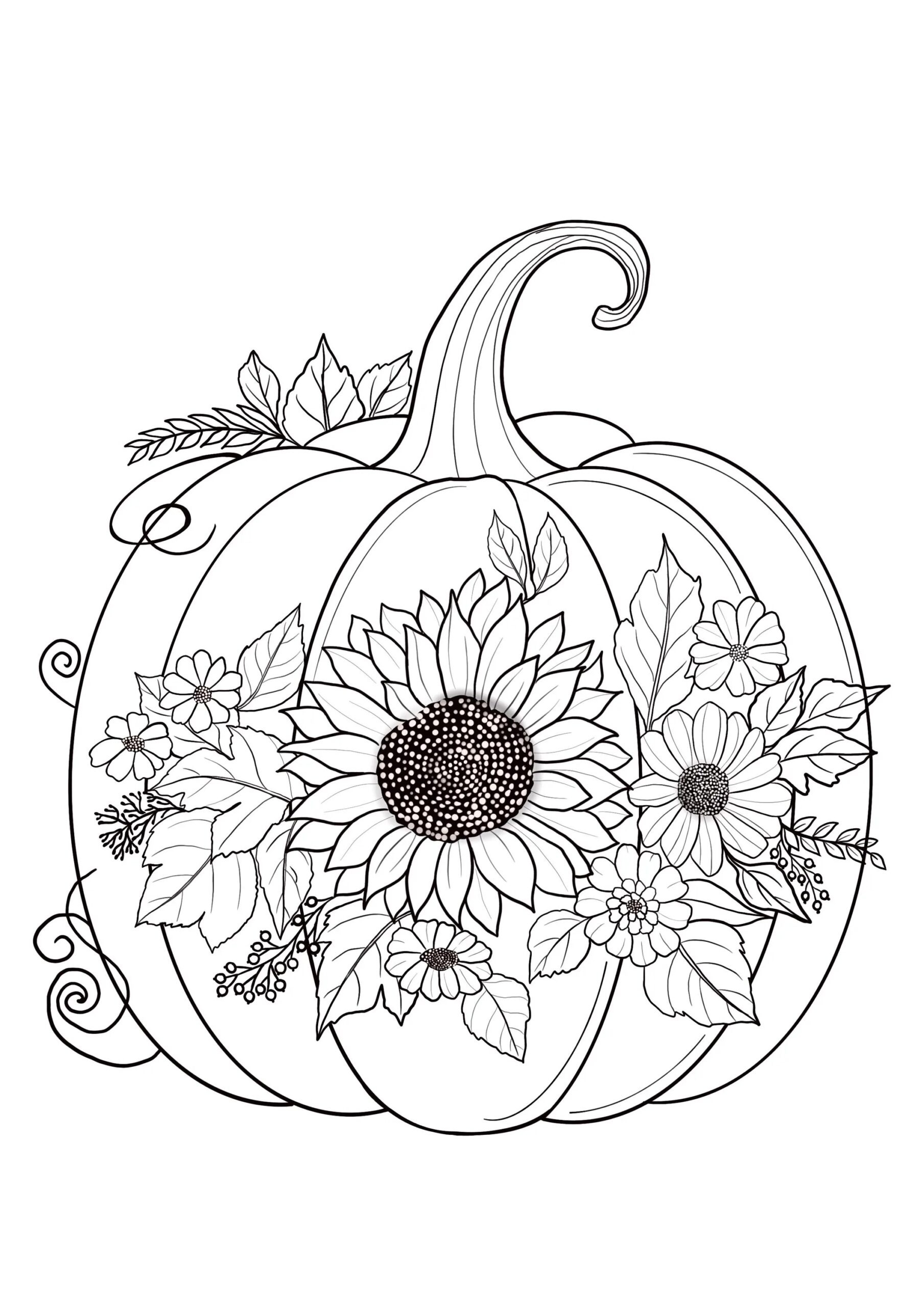 Printable Pumpkin Coloring Sheets With Flowers Coloring Pages Adult Coloring Pages Kids Coloring Pages Coloring Autumn Leaves Etsy