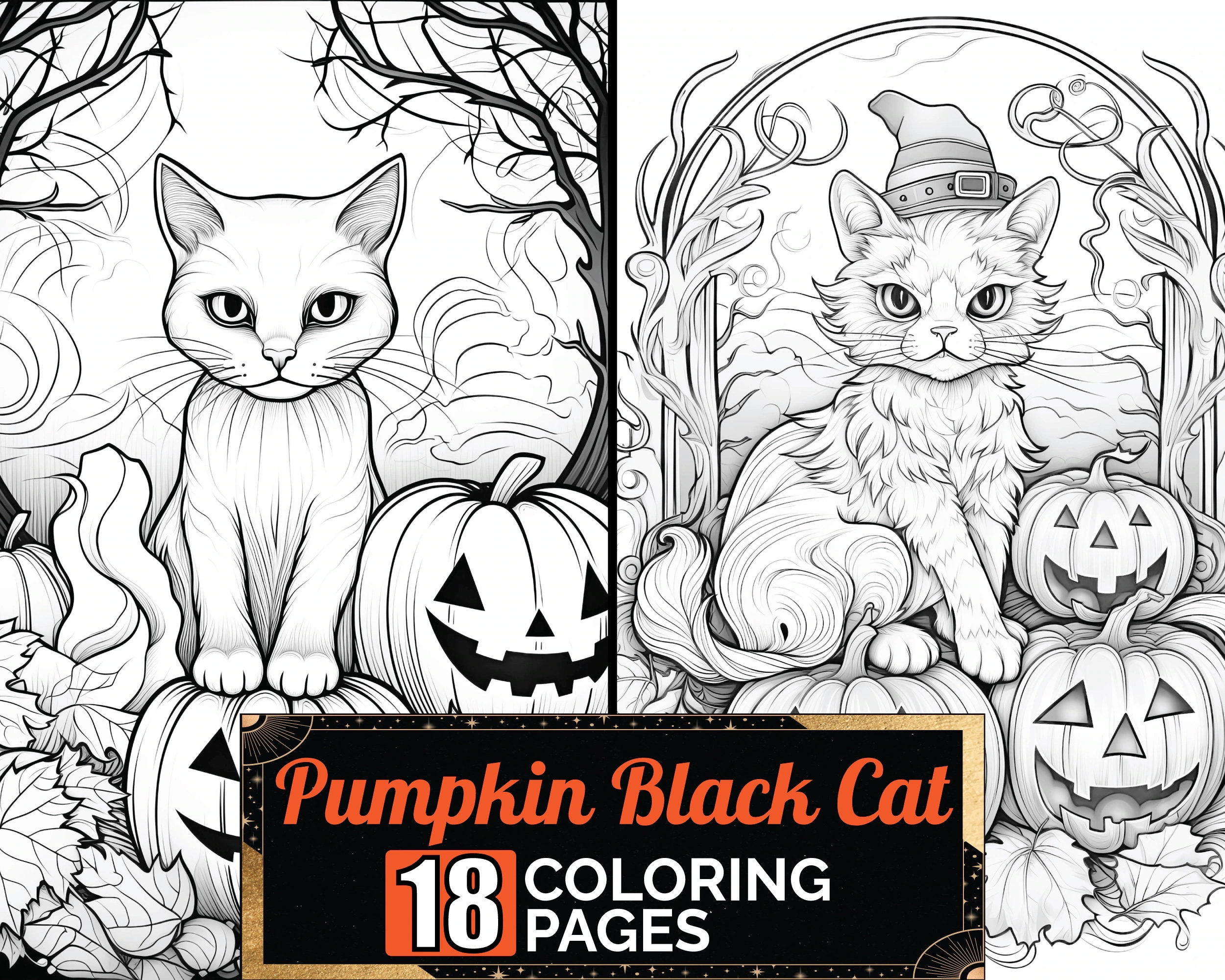Pumpkin Sitting Black Cat Coloring Book 18 Greyscale Adult Kids Detailed Halloween Theme Page A4 Sheet Printable Digital PDF Download Etsy