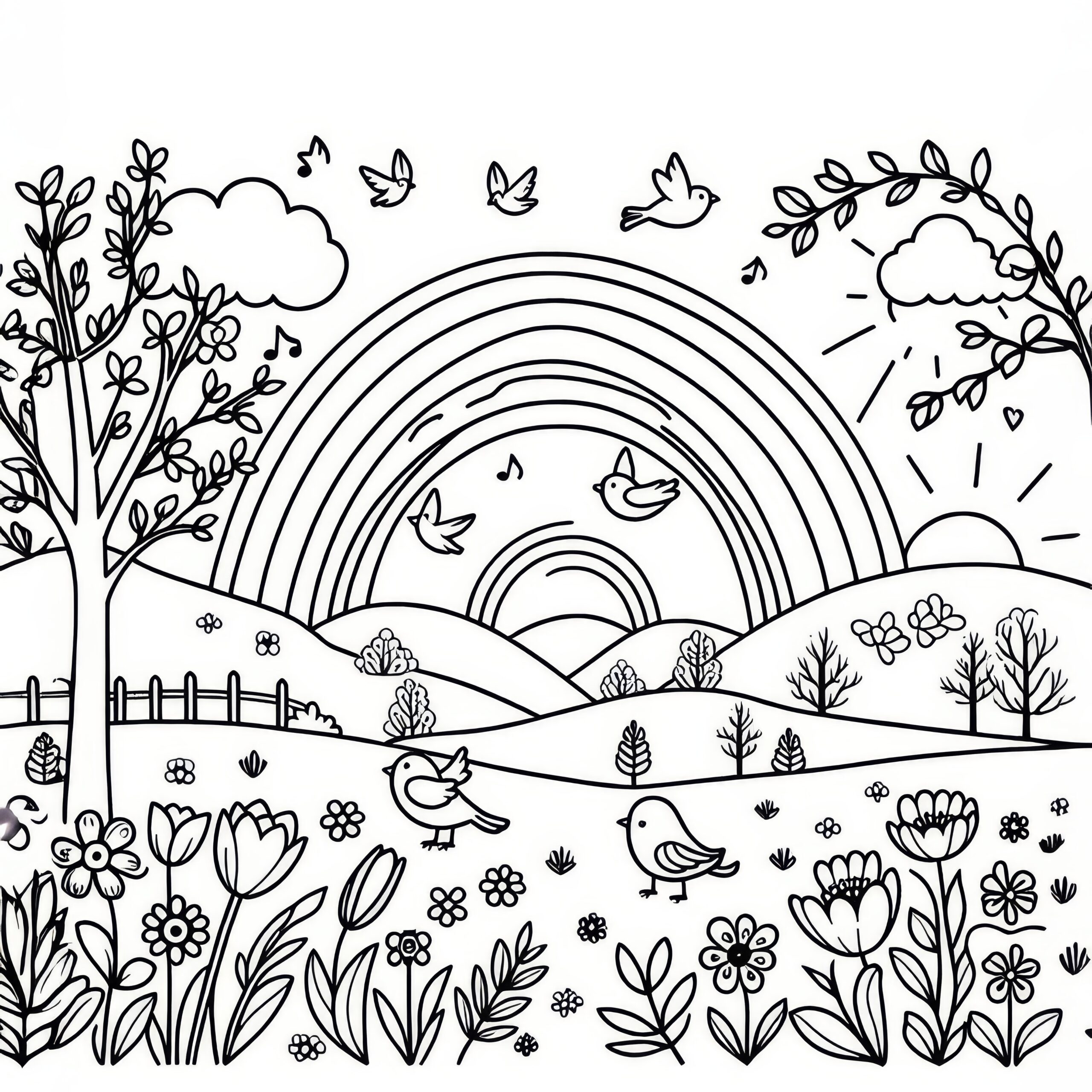 Rainbow With A Blooming Spring Landscape In April Free Coloring Picture Rainbow With A Blooming Spring Landscape In April Free Coloring Picture