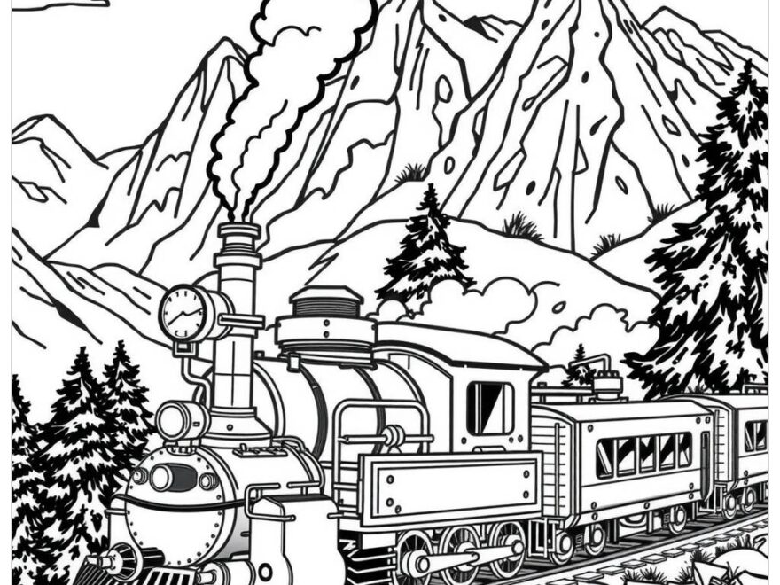 Realistic Steam Train In A Mountain Landscape 2 Coloring Page Free PDF PNG Printable