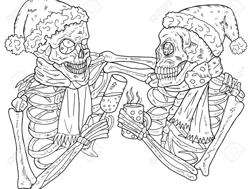 Scary Vector Illustration With Skull In Santa Claus Hat And Christmas And New Year Symbols Gifts Decorations Happy Krampus Or Halloween Concept Black And White Line Art For Coloring Page Royalty